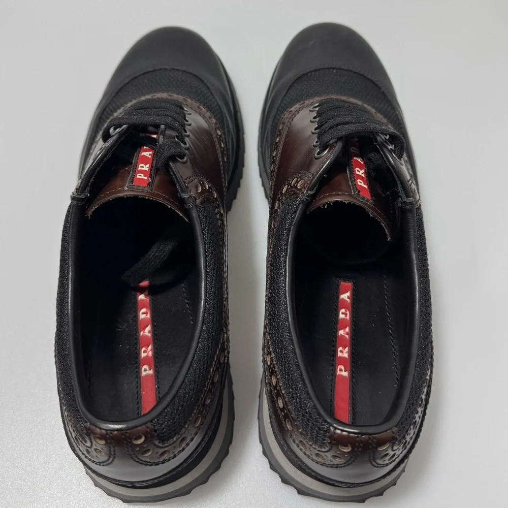 Prada Sport Leather Colorblack Derby Lace-Up Sneakers Brown Black UK 7.5/US 8.5 - Picture 5 of 8